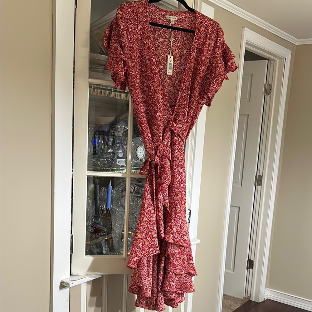 Max Studio Red Flutter Sleeve Wrap Dress